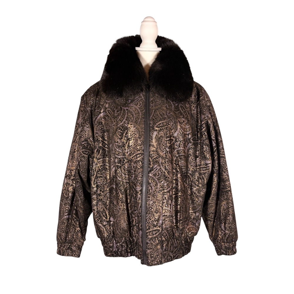 Vintage 80s 90s Metallic Paisley Leather Bomber L Fox Fur Collar Mob Wife Glam